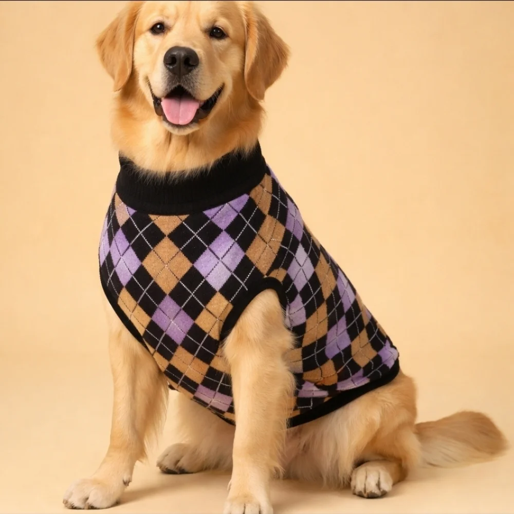 Dr Marty Knited Dog Argyle Sweater in Black, Purple, Tan & White Size Large